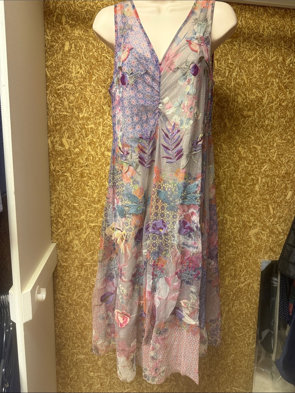 Johnny Was Lavender Multi Floral Embroidered V-Neck Maxi Dress